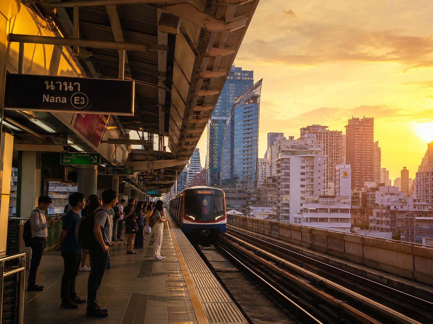 BTS Nana elevated skytrain station Bangkok with city skyline at golden hour