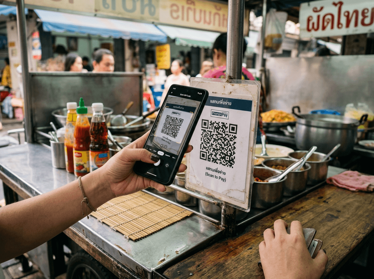 Tourist scanning a QR payment code at a Bangkok street food stall