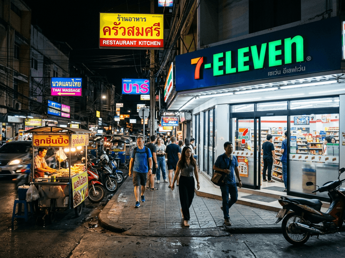 Bright 7-Eleven storefront glowing on a busy Bangkok sidewalk at night