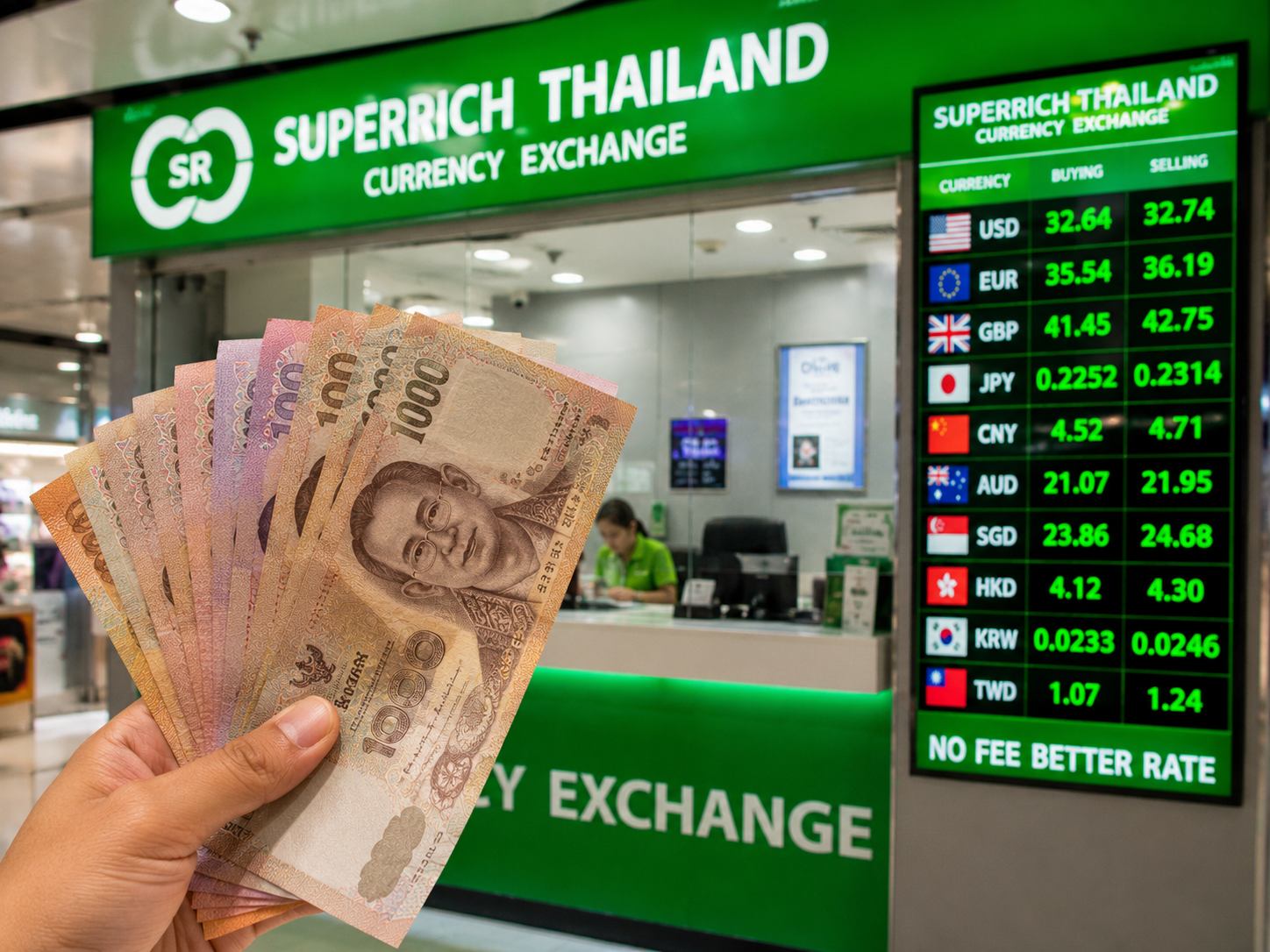 Currency exchange booths on Sukhumvit Road Bangkok with Thai Baht rate boards displayed