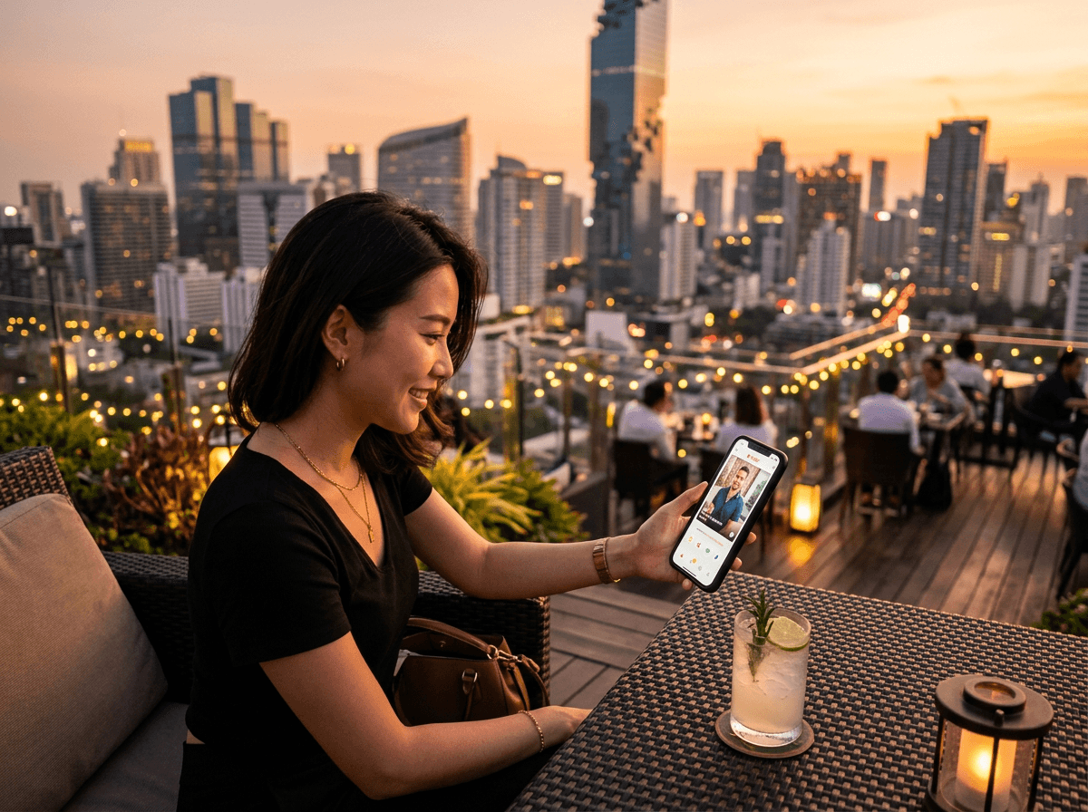 Person using dating app on rooftop bar with Sukhumvit Bangkok skyline at sunset