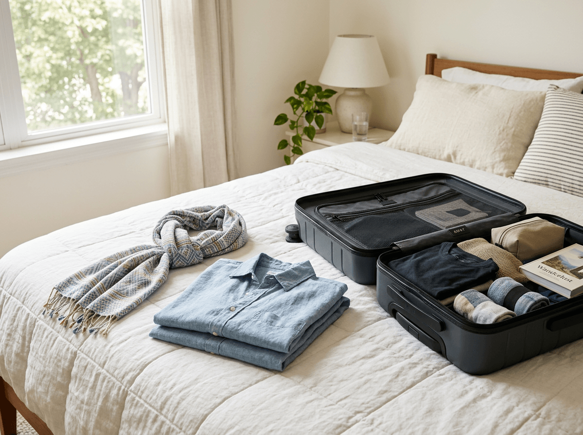 Folded linen shirt and modest scarf packed beside an open suitcase
