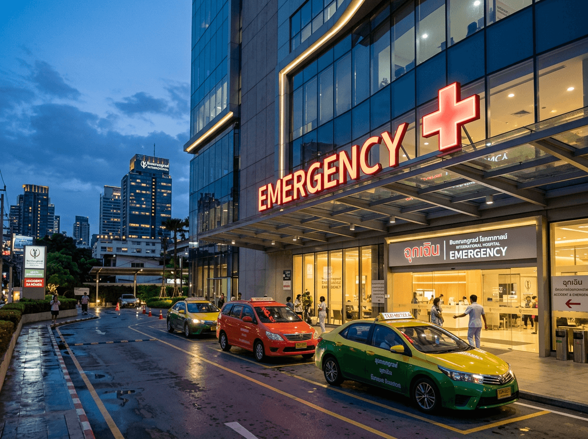 Bangkok hospital emergency entrance at dusk with red cross sign