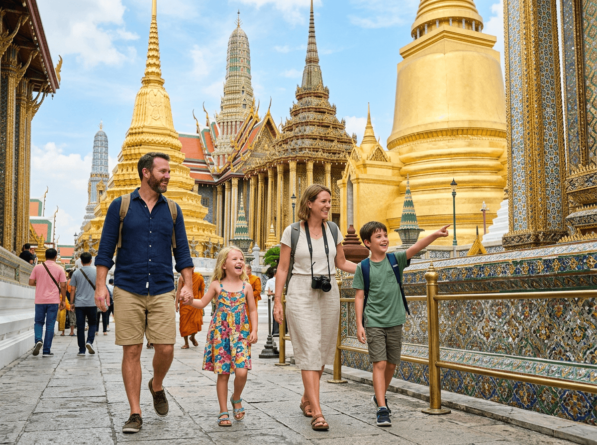 Family with two children exploring an ornate Buddhist temple in Bangkok Thailand