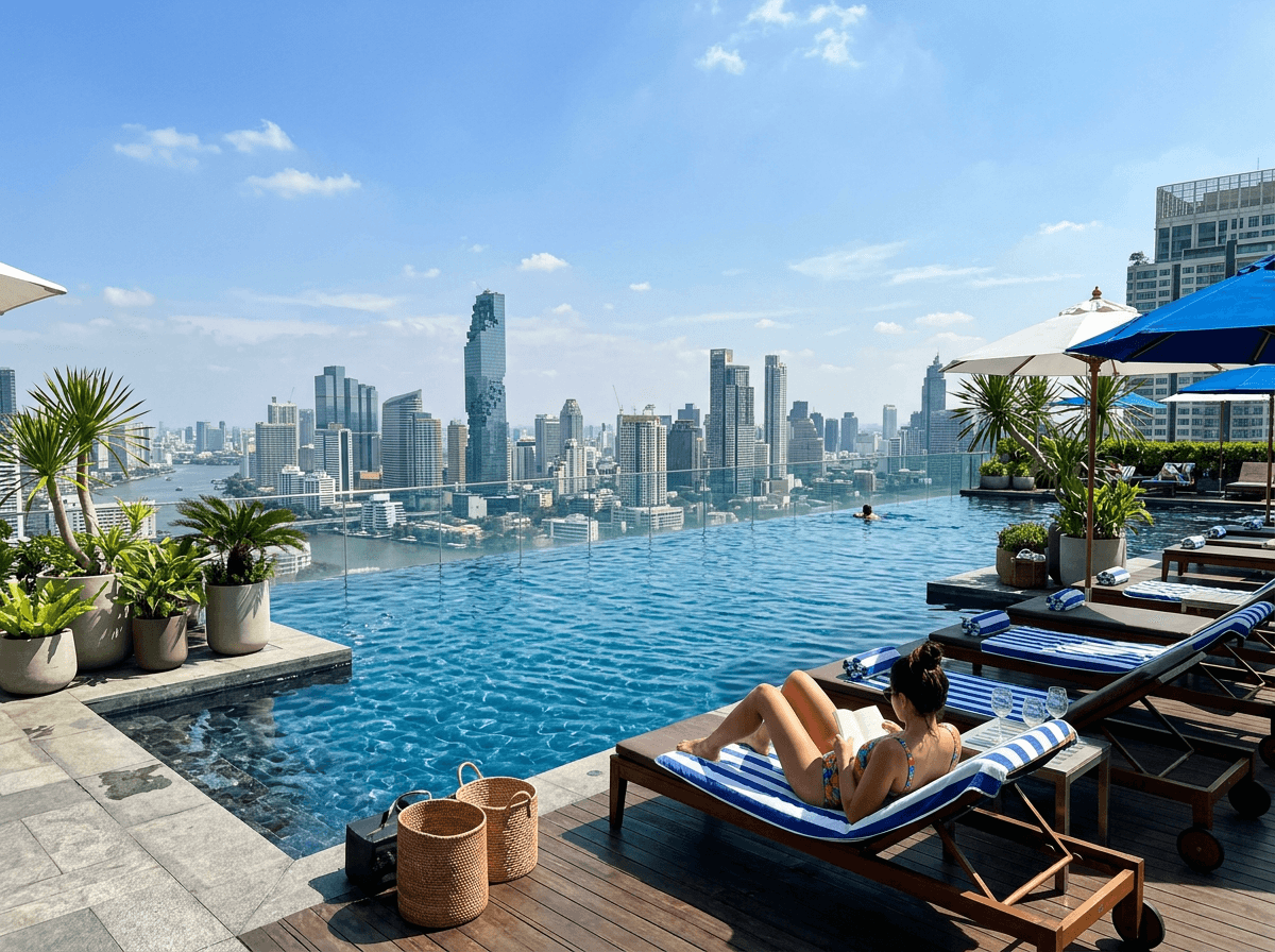 Rooftop infinity pool overlooking Bangkok skyline on a sunny day