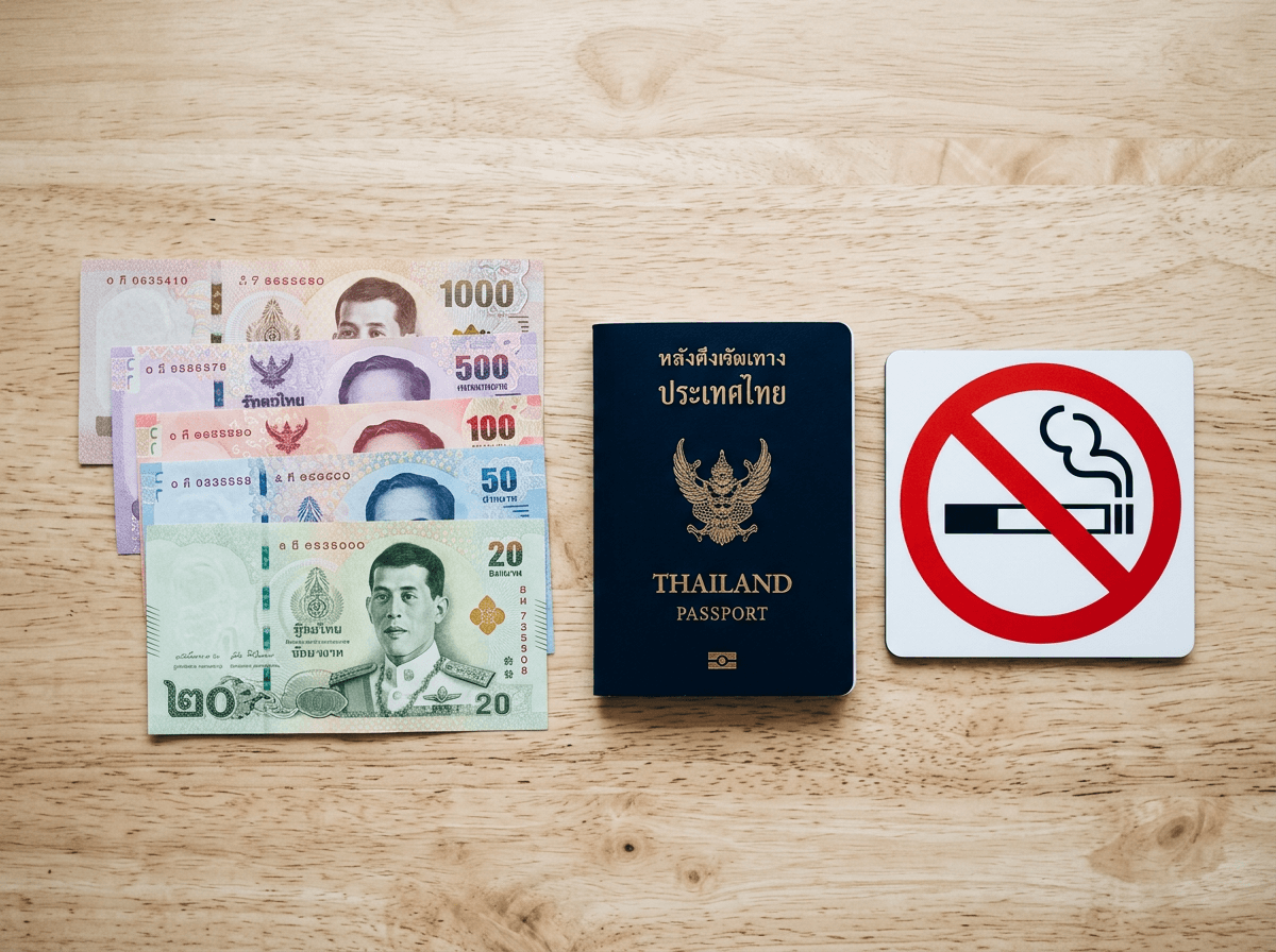 Thai baht notes, passport and no-vaping sign flat lay