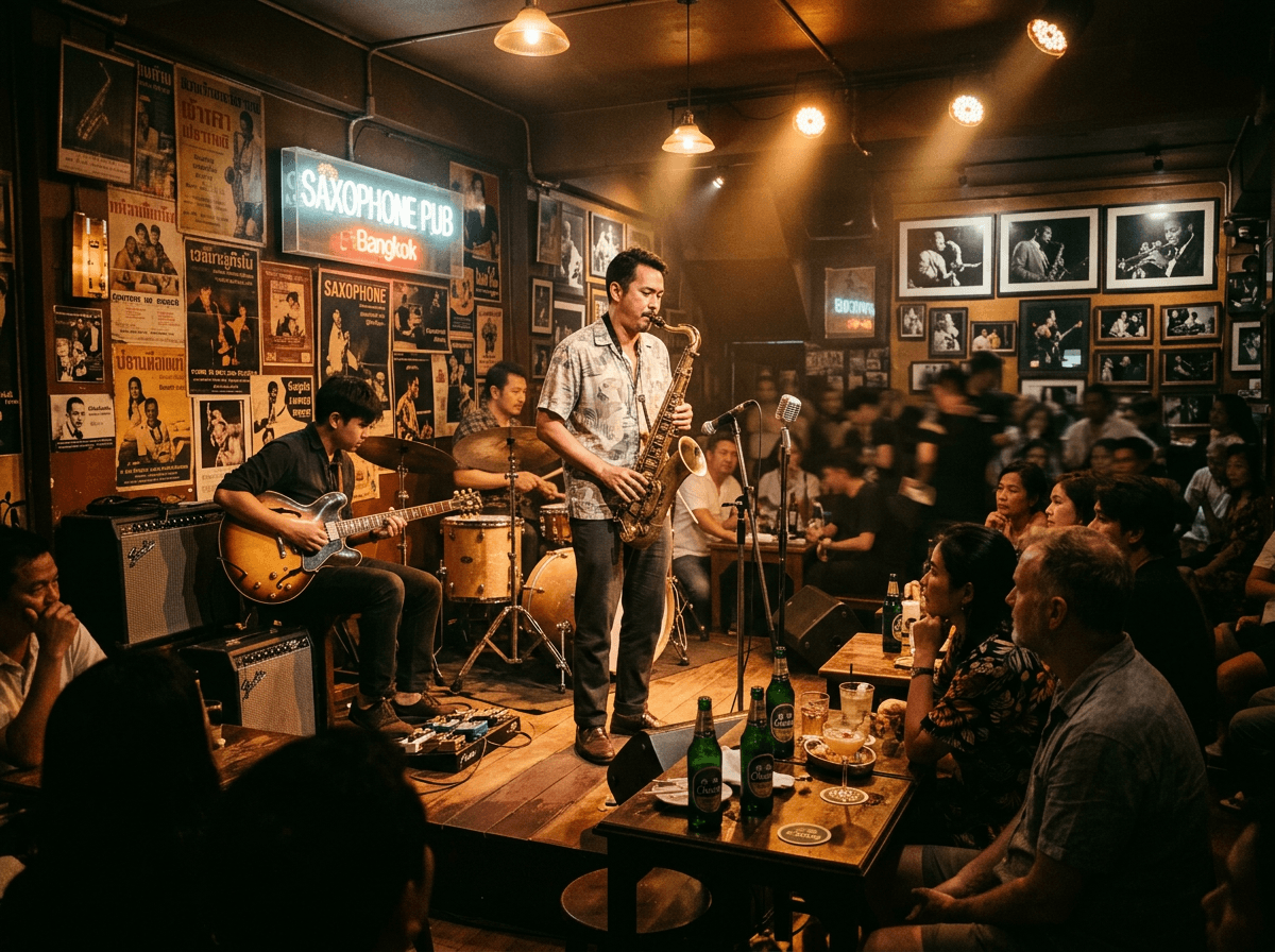 Jazz band performing under warm amber stage lights at Saxophone Pub Bangkok