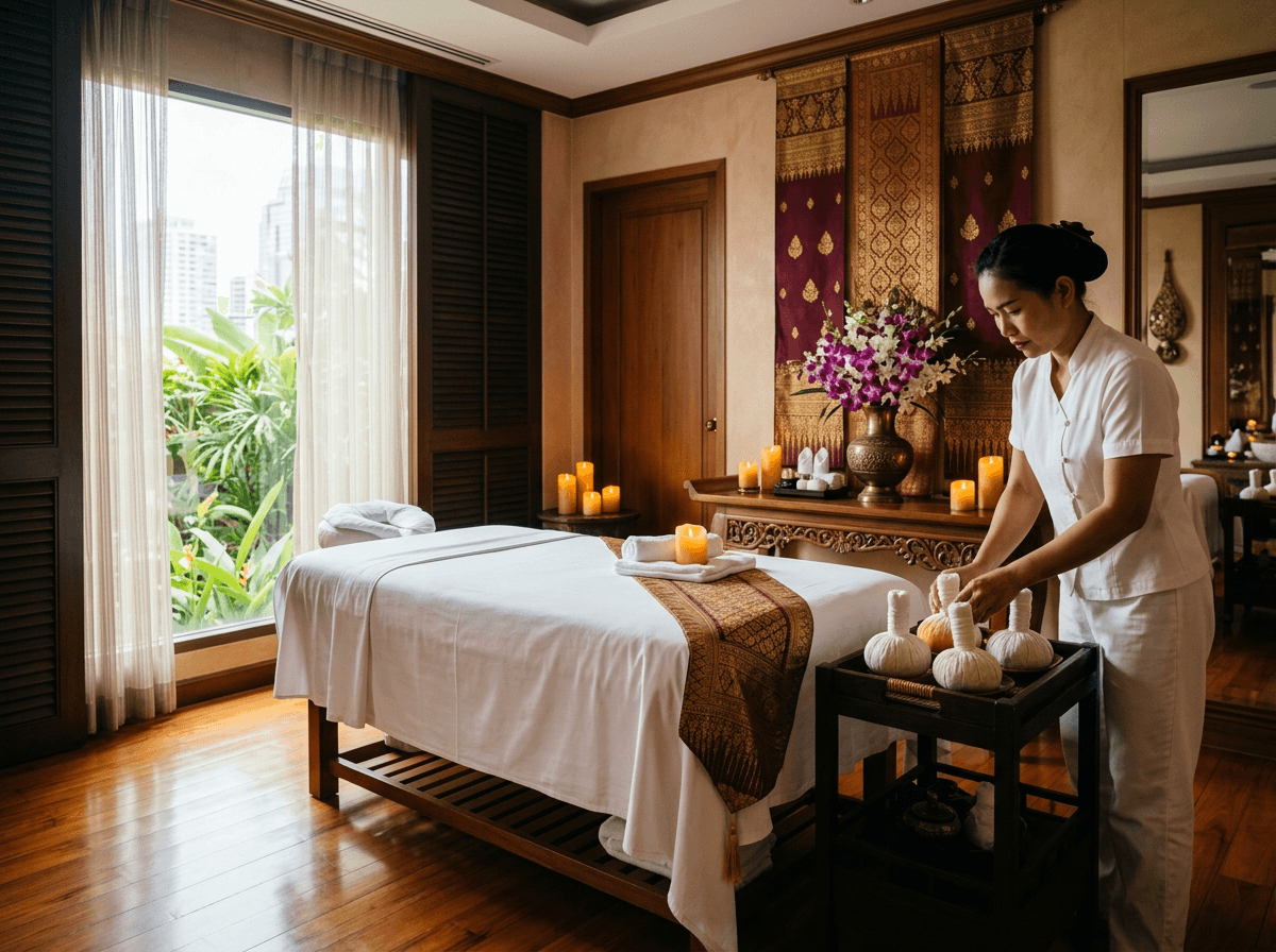 Luxury Thai spa treatment room with orchids warm amber lighting and serene Bangkok atmosphere