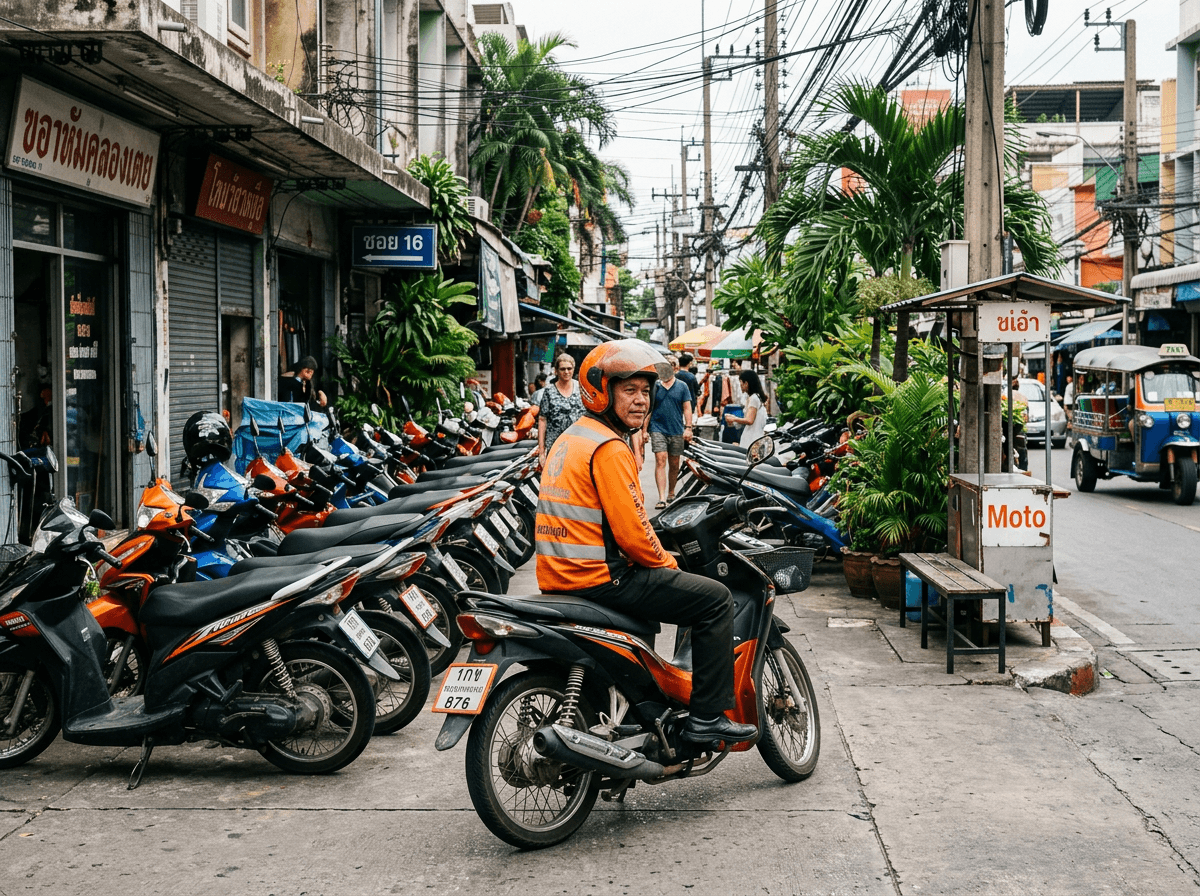 Orange-vest motorbike taxi driver waiting at a Bangkok soi entrance