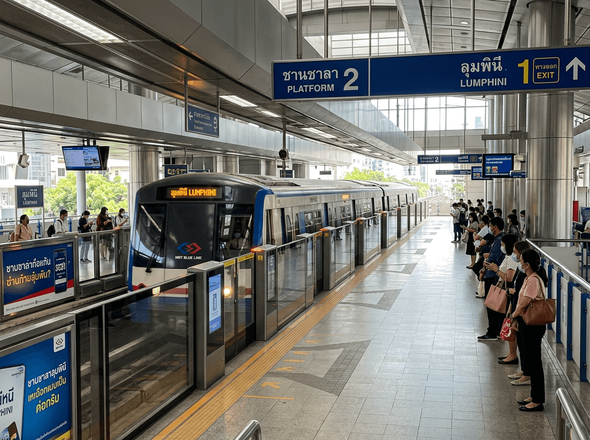 Passengers boarding a Bangkok MRT blue line train on a clean platform
