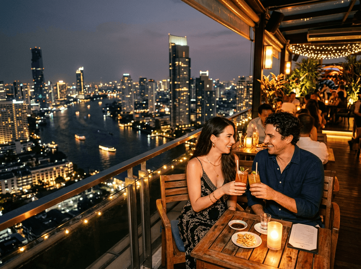 Couple sharing cocktails at a Bangkok rooftop bar with glittering city skyline at night