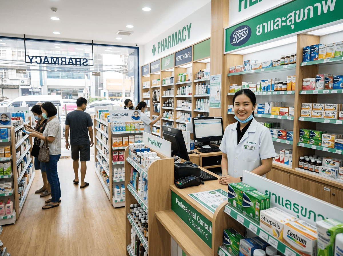Bright interior of Boots pharmacy on Sukhumvit with pharmacist at counter and bilingual product shelves