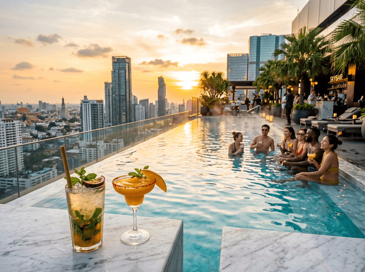 Luxurious rooftop infinity pool bar overlooking Bangkok skyline at golden hour with cocktails