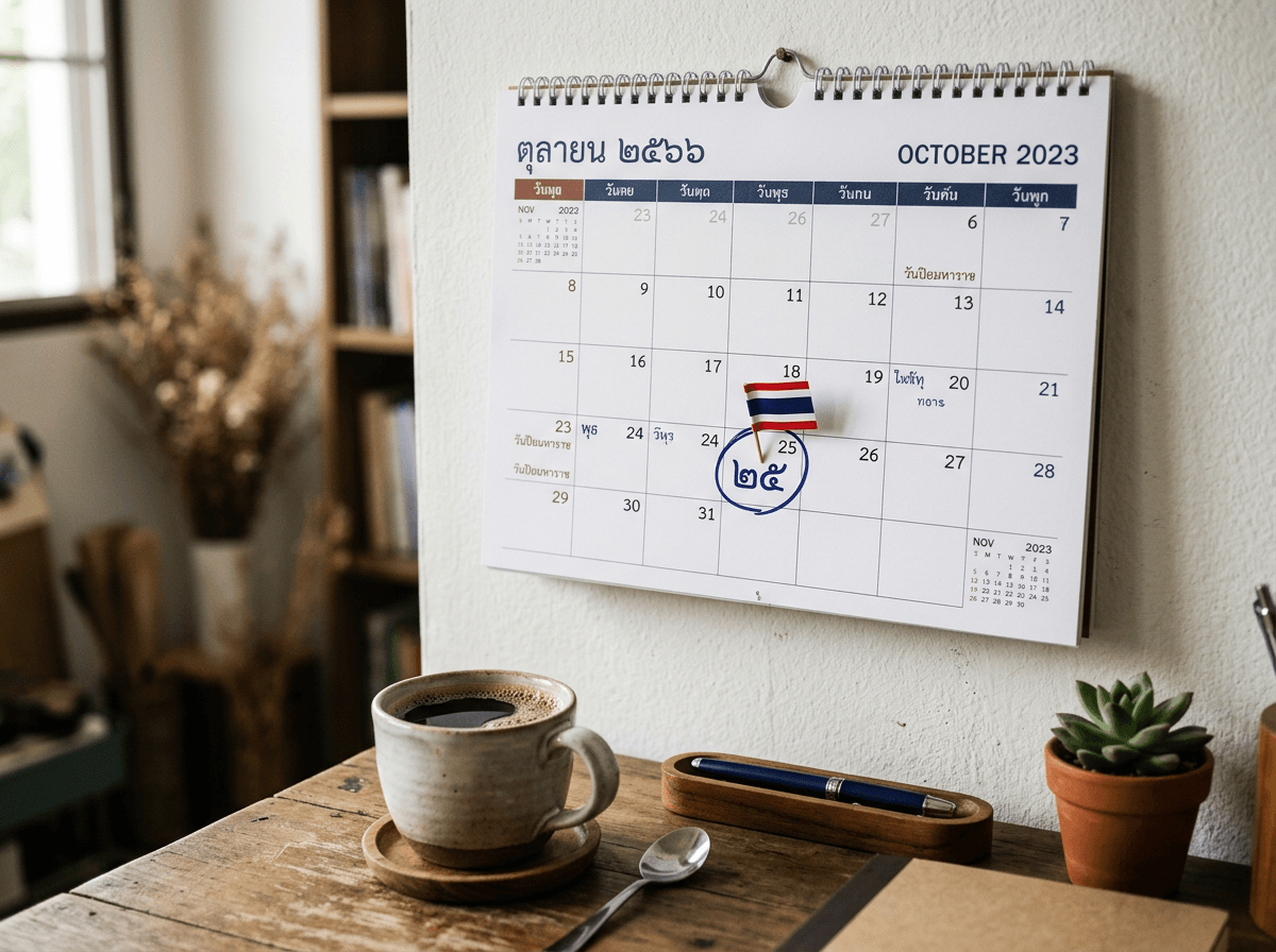 Wall calendar with Thai flag pin marking a 2026 public holiday date