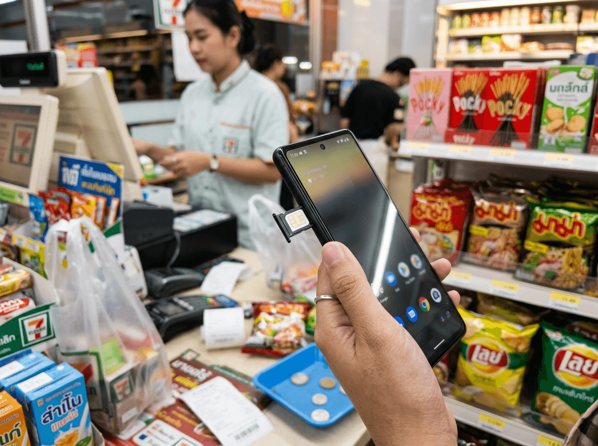 Tourist inserting a Thai SIM card into smartphone at convenience store