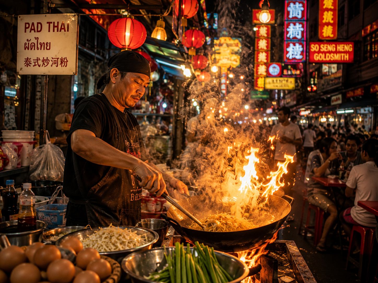 Bangkok street food vendor cooking pad thai on a smoking wok at a Sukhumvit night market stall