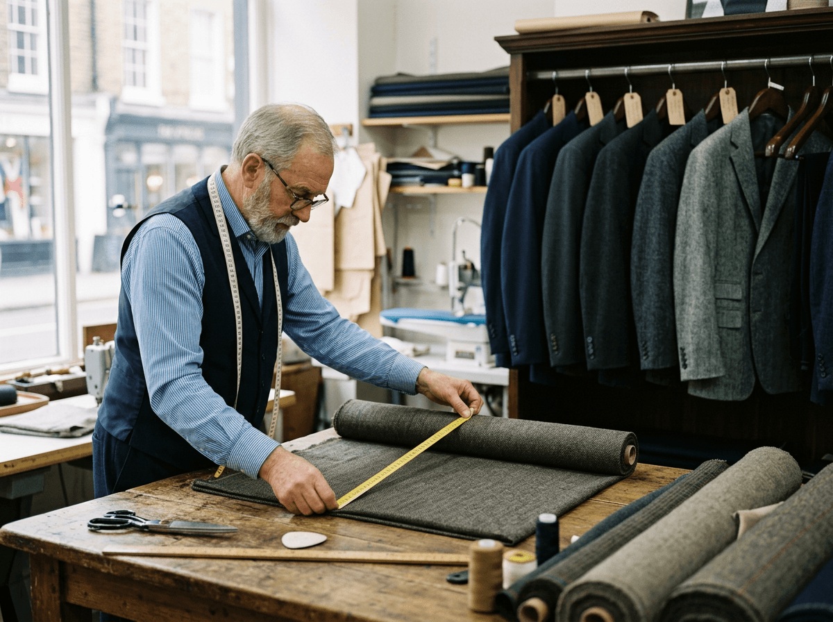 Tailor measuring navy suit fabric in a Bangkok shop