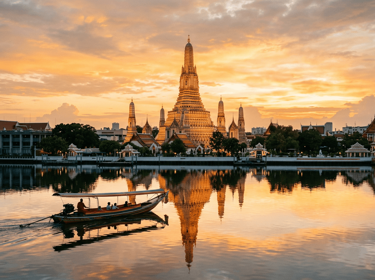 Wat Arun temple golden spires reflected in Chao Phraya river at sunrise Bangkok
