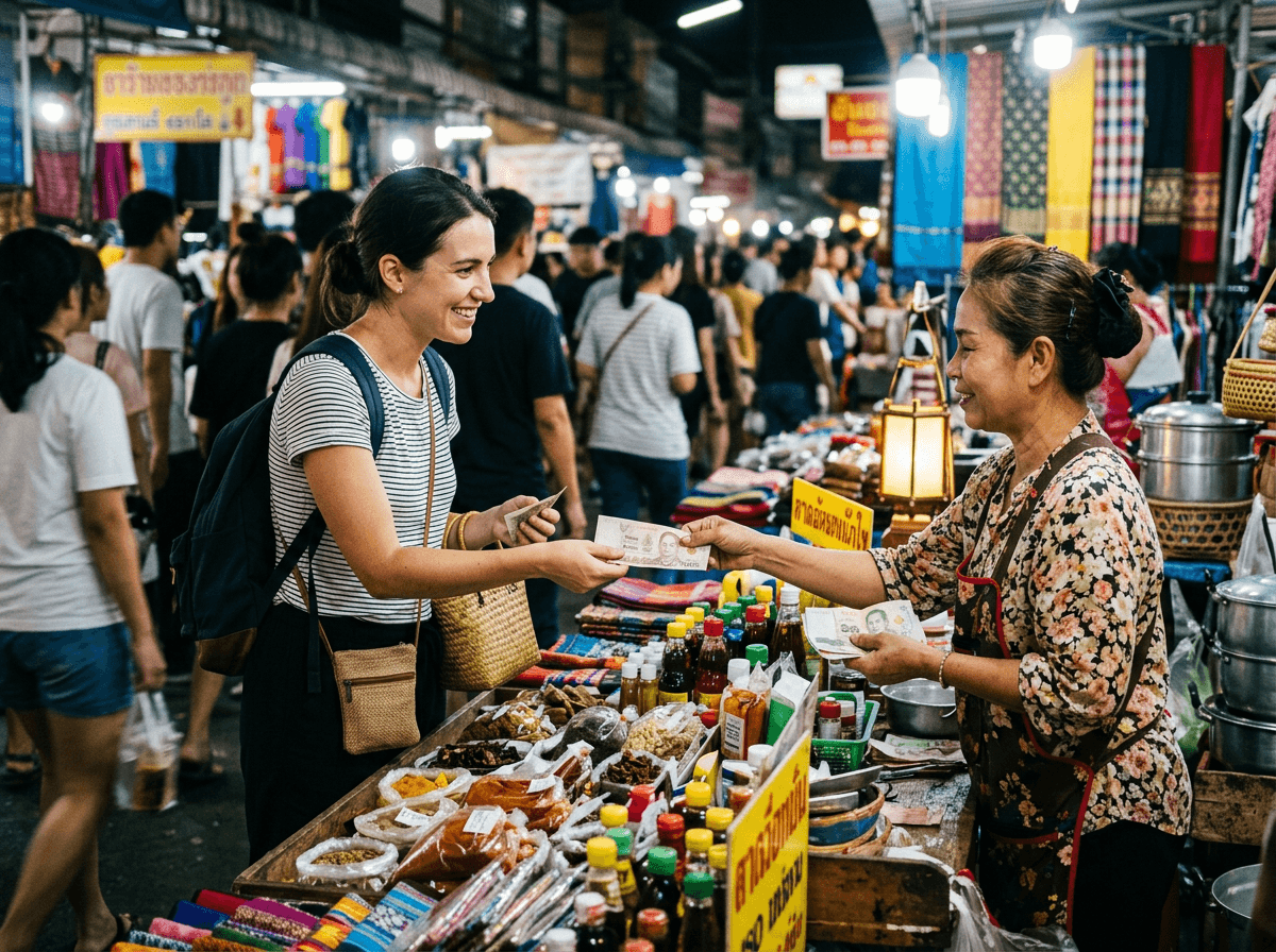 Tourist handing baht notes to a vendor at a Bangkok market stall