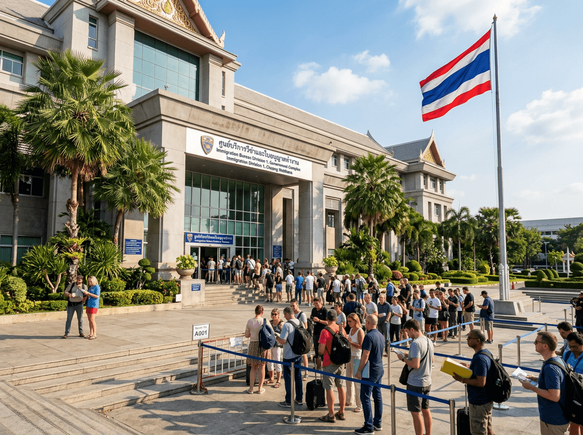 Chaeng Watthana Immigration Office Bangkok exterior with tourists and expats queuing outside on a sunny morning