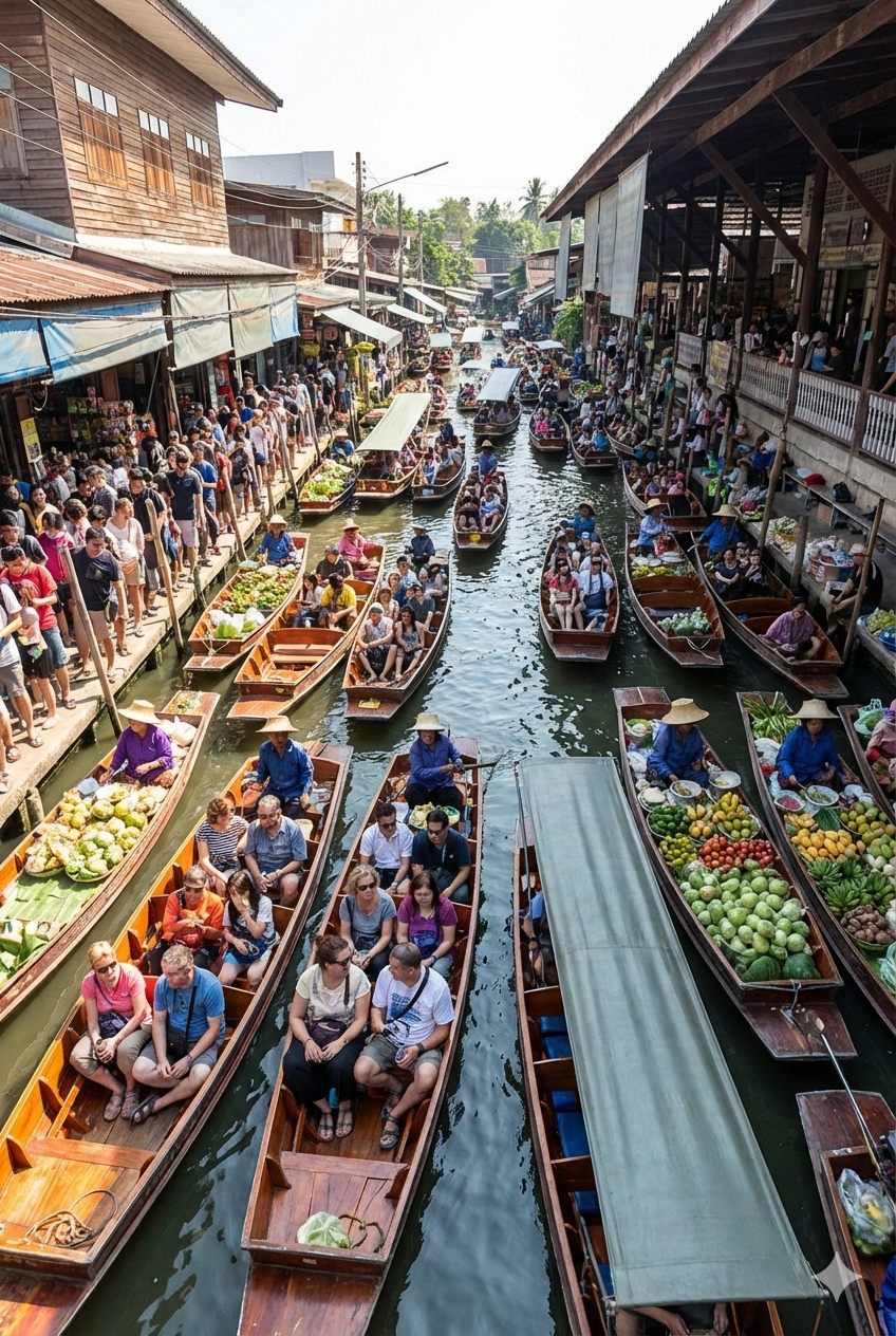 Bangkok floating market with vendors selling from boats on traditional canal