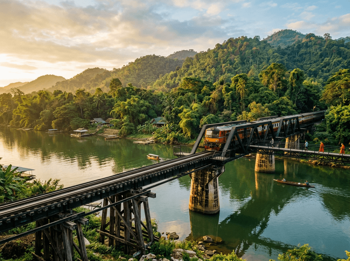 Wooden railway bridge spanning River Kwai with lush jungle hills Kanchanaburi Thailand morning light