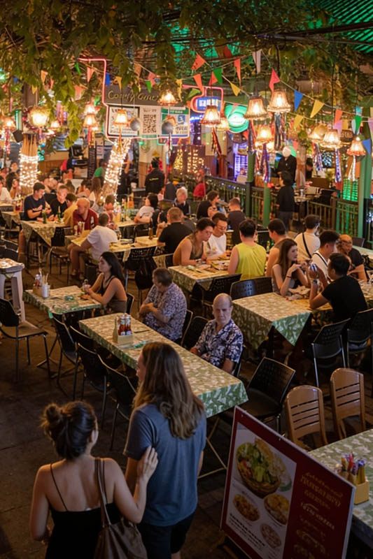 Khao San Road night scene with neon lights bars and street crowds