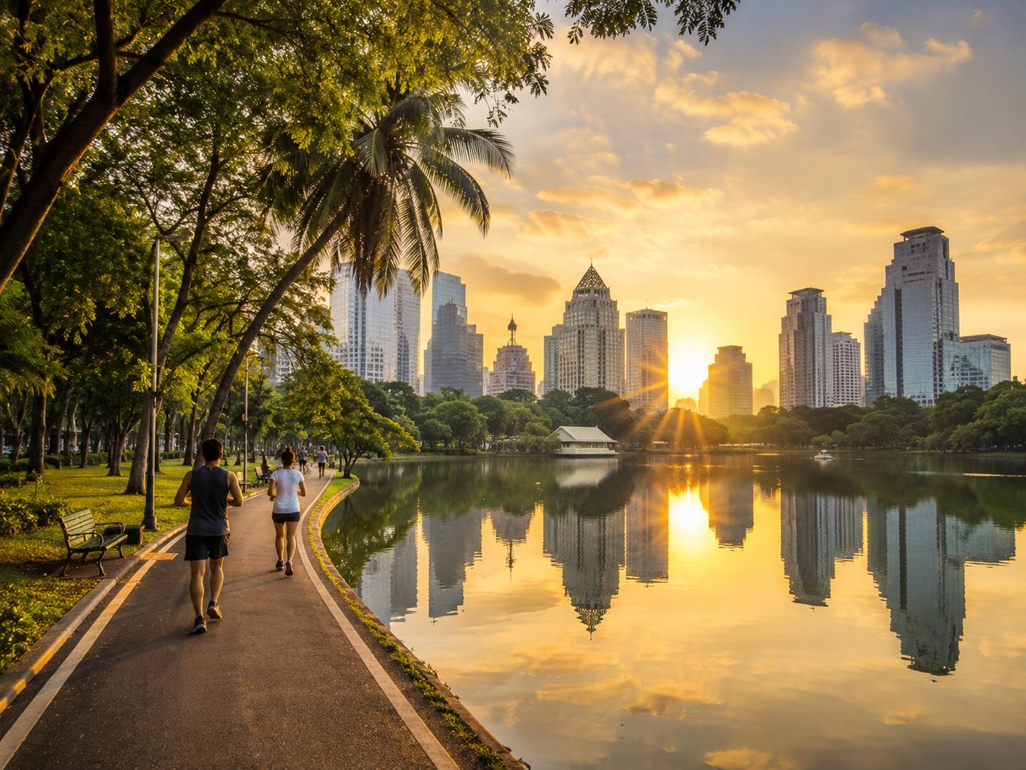 Lumpini Park Bangkok lake with a water monitor lizard on the bank and morning joggers running the shaded perimeter path