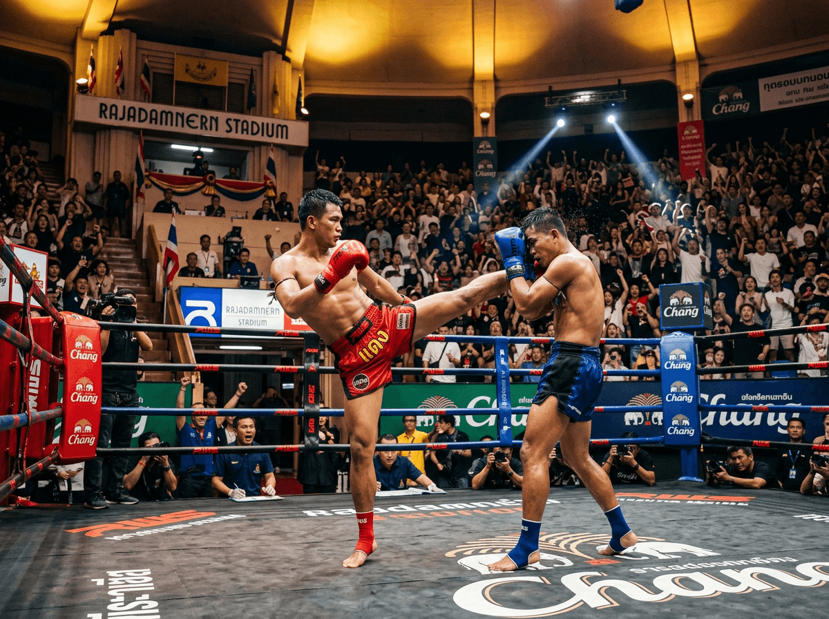 Two Muay Thai fighters exchanging strikes in the ring at Rajadamnern Stadium Bangkok under bright arena floodlights
