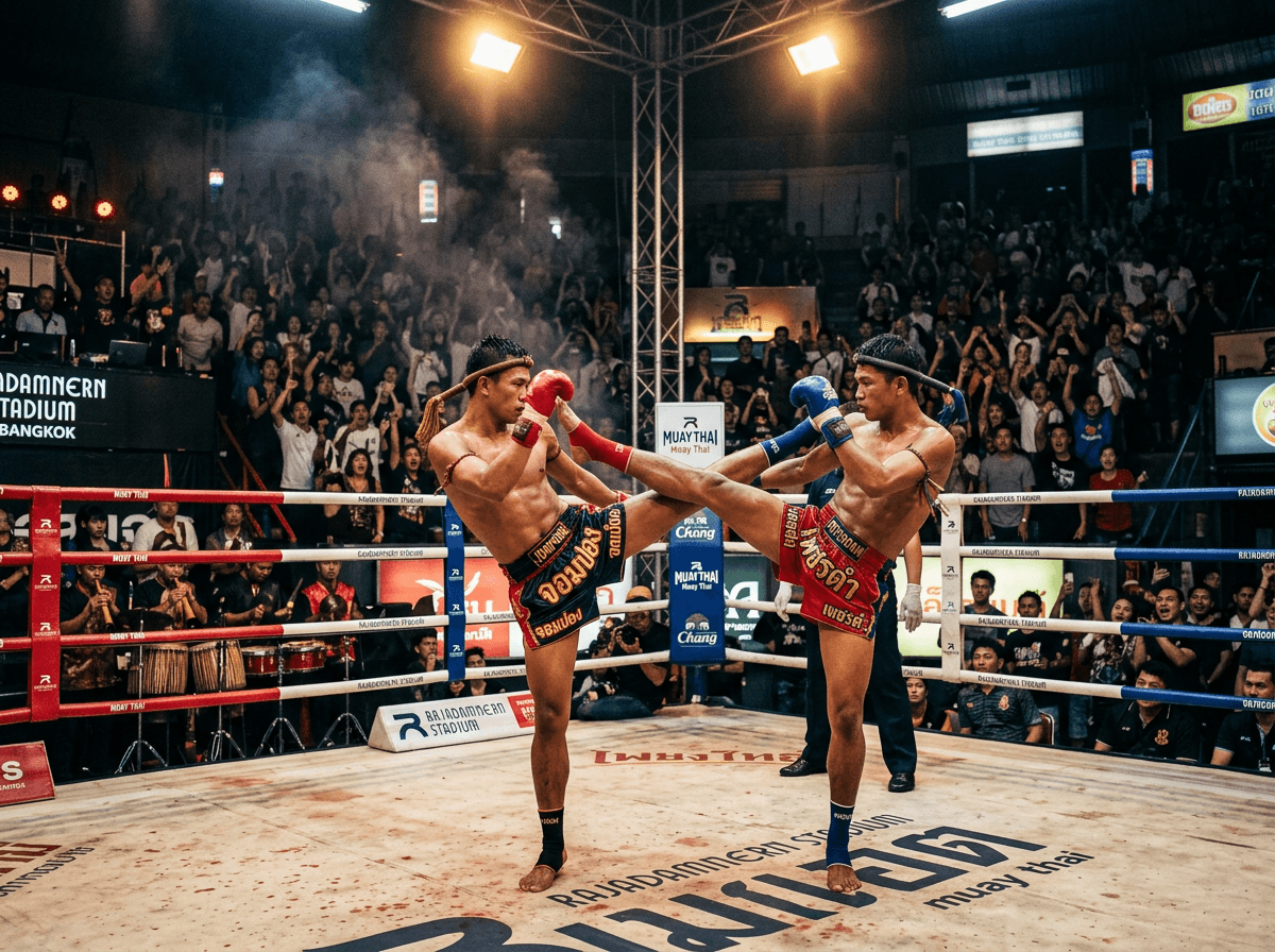 Two Muay Thai fighters in Bangkok stadium ring under dramatic bright lights
