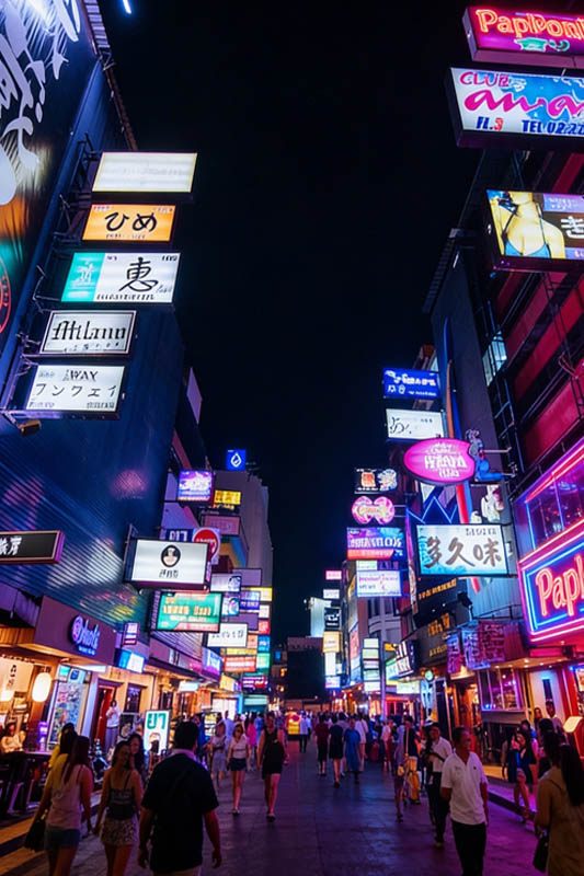 Patpong night market vendors and shopping stalls with crowds and neon lighting