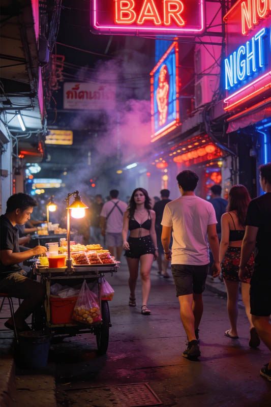Soi Cowboy Bangkok street scene with neon signs and bustling nightlife atmosphere