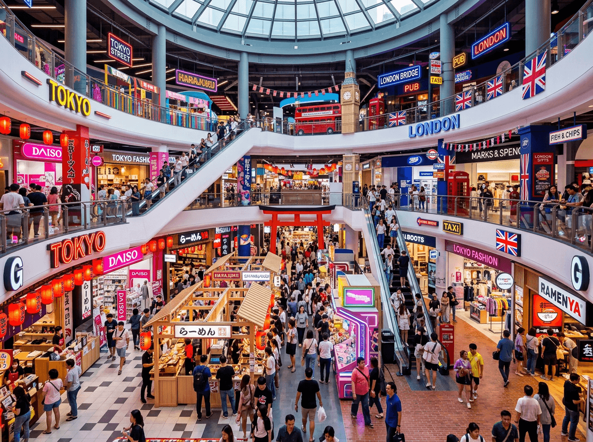 Terminal 21 Bangkok colourful airport-themed shopping mall interior with shoppers on multiple floors
