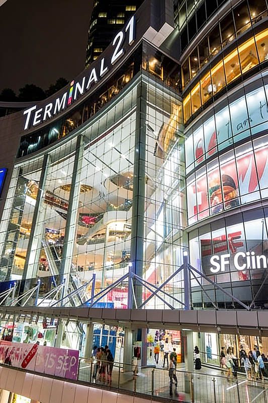 Terminal 21 Bangkok airport-themed shopping mall with city floor decorations