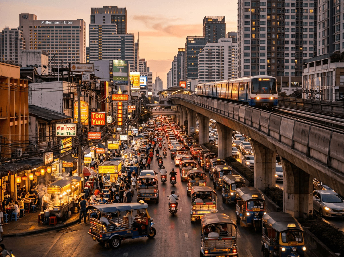 Bangkok BTS Skytrain elevated track over Sukhumvit street at golden hour